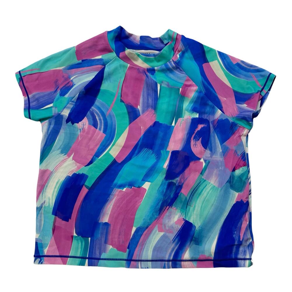 ATHLETA GIRL Mock Neck Rashguard Green Blue Pink Short Sleeve Size Medium 8-10